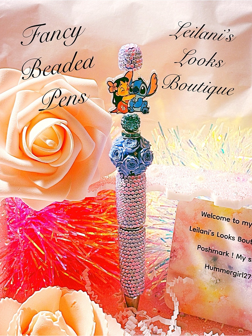 Stitch beaded pen with blue roses and a Stitch figurine on top/Fancy beaded Pen/
